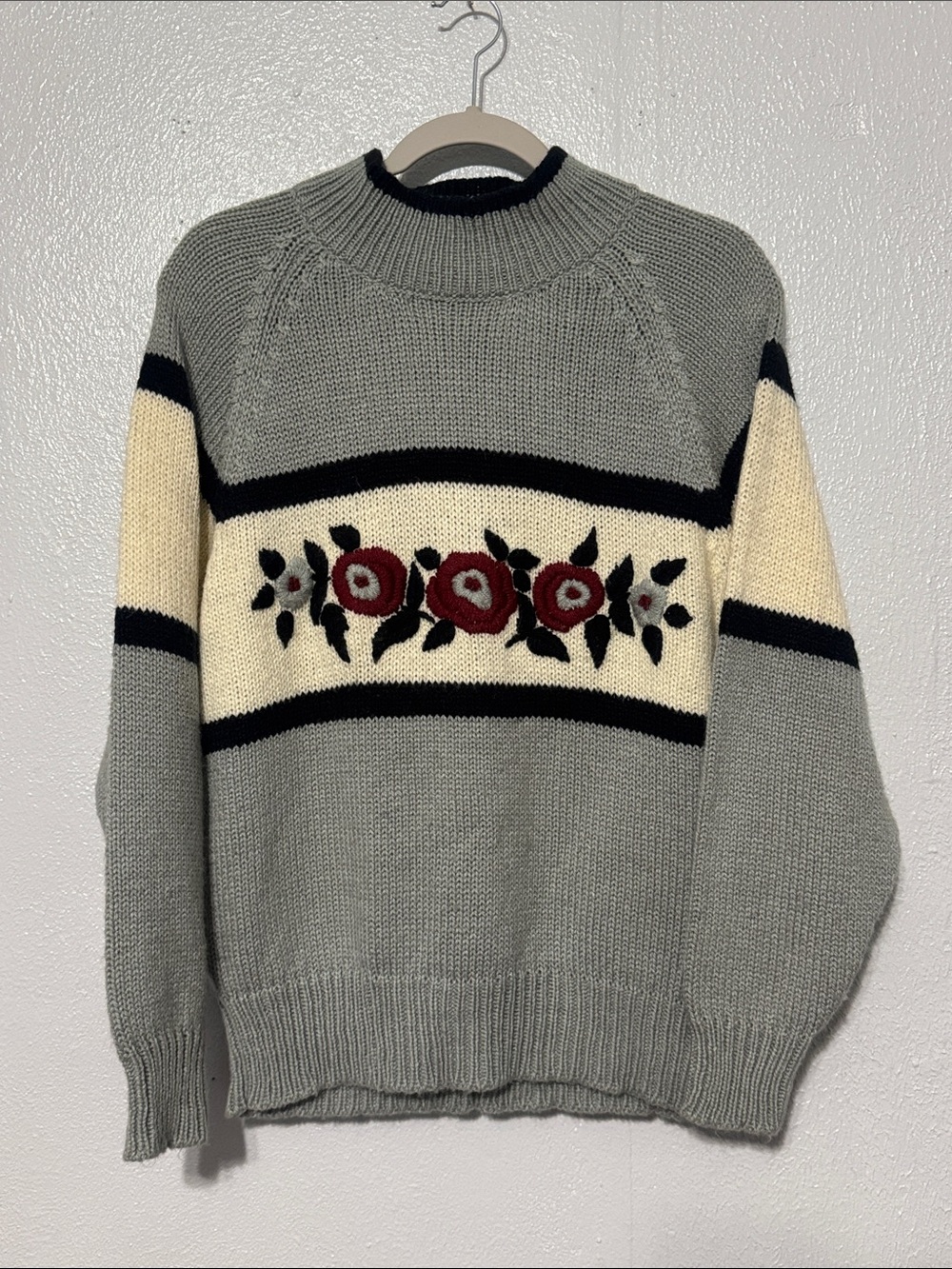 Vintage Floral Embroidered Knit Sweater Mock Neck Colorblock Rose Knitwear Top M